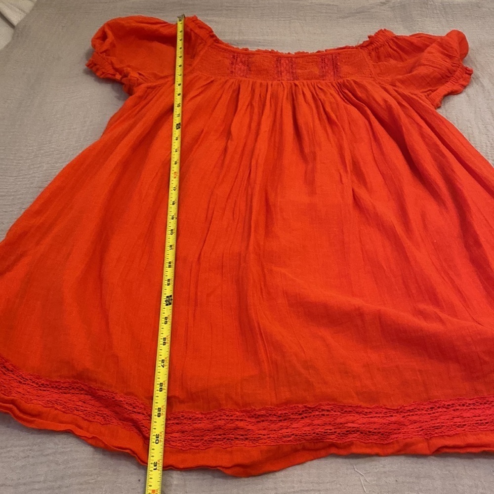 Free People Bright Orange/Red Puff Sleeve Mini Dress shorts underneath - Picture 8 of 11